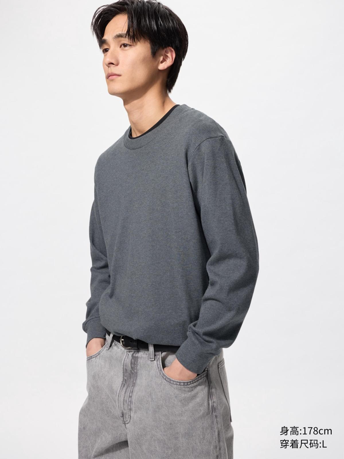 UNIQLO Футболка с круглым вырезом, длинный рукав, однотонная