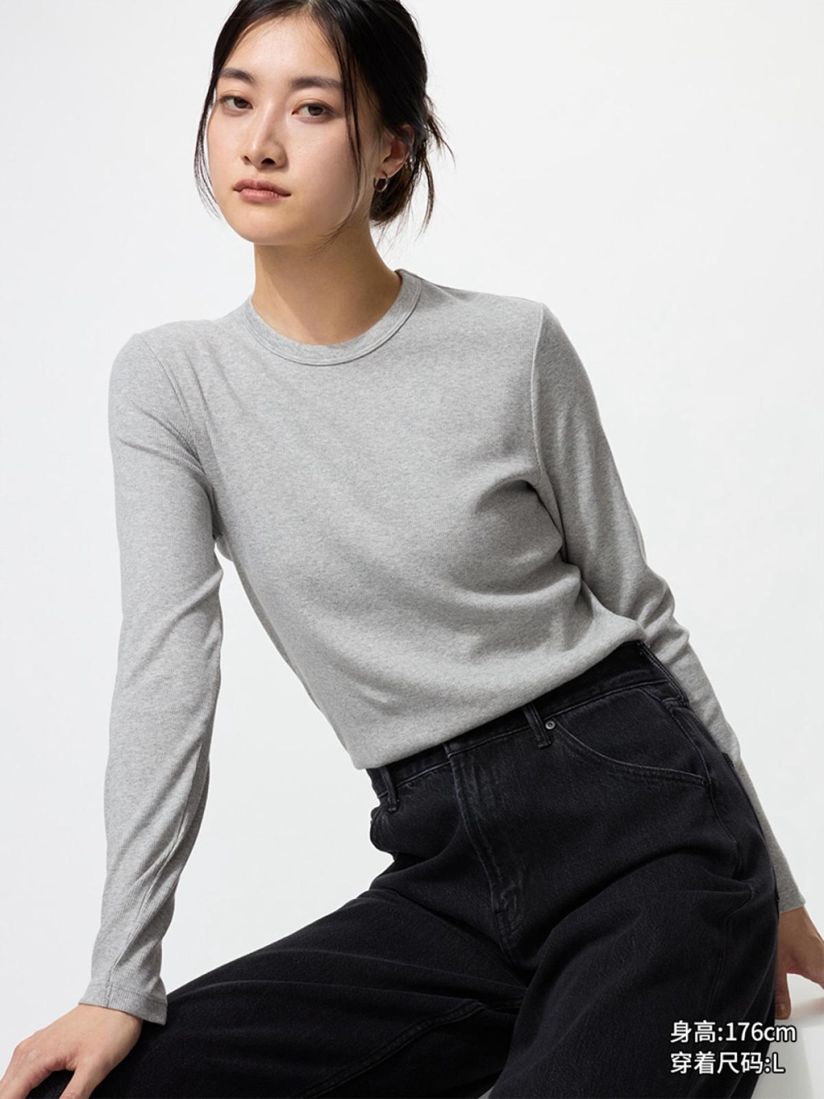 UNIQLO Футболка трикотажная в рубчик с круглым вырезом, длинный рукав, однотонная