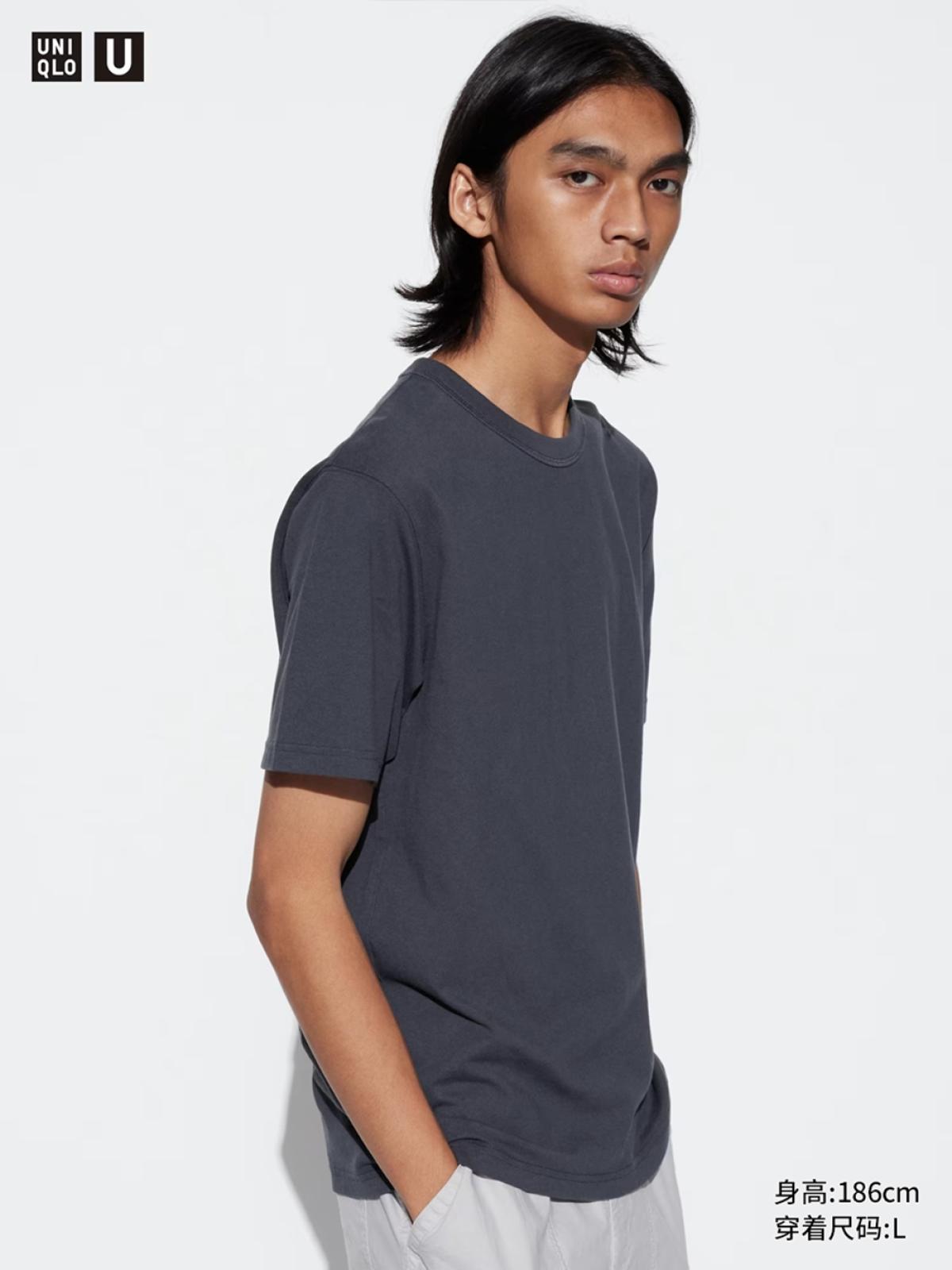 UNIQLO Хлопковая футболка прямого кроя с круглым вырезом, короткий рукав