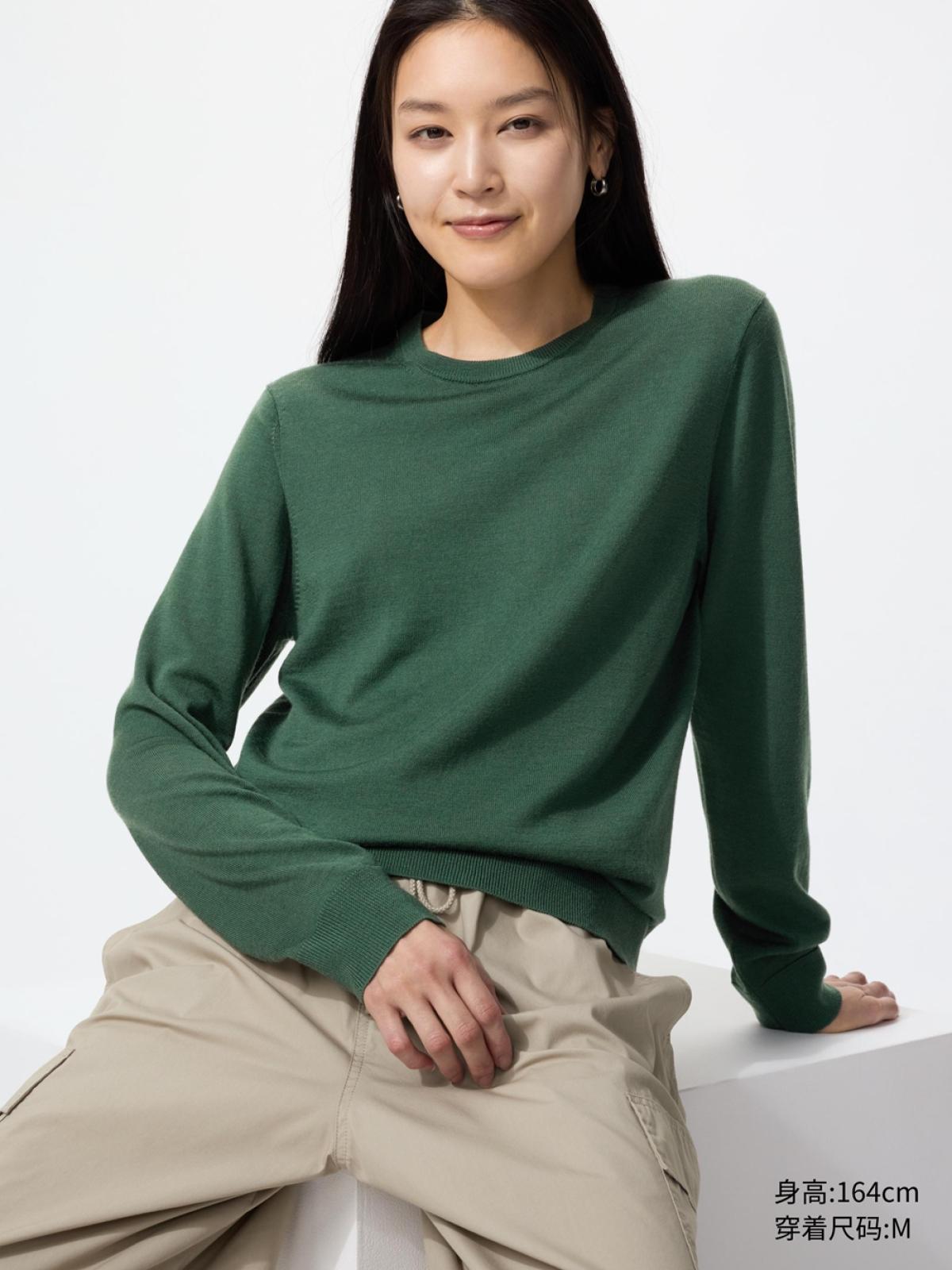 UNIQLO Джемпер из тонкой шерсти мериноса с круглым вырезом, машинная стирка