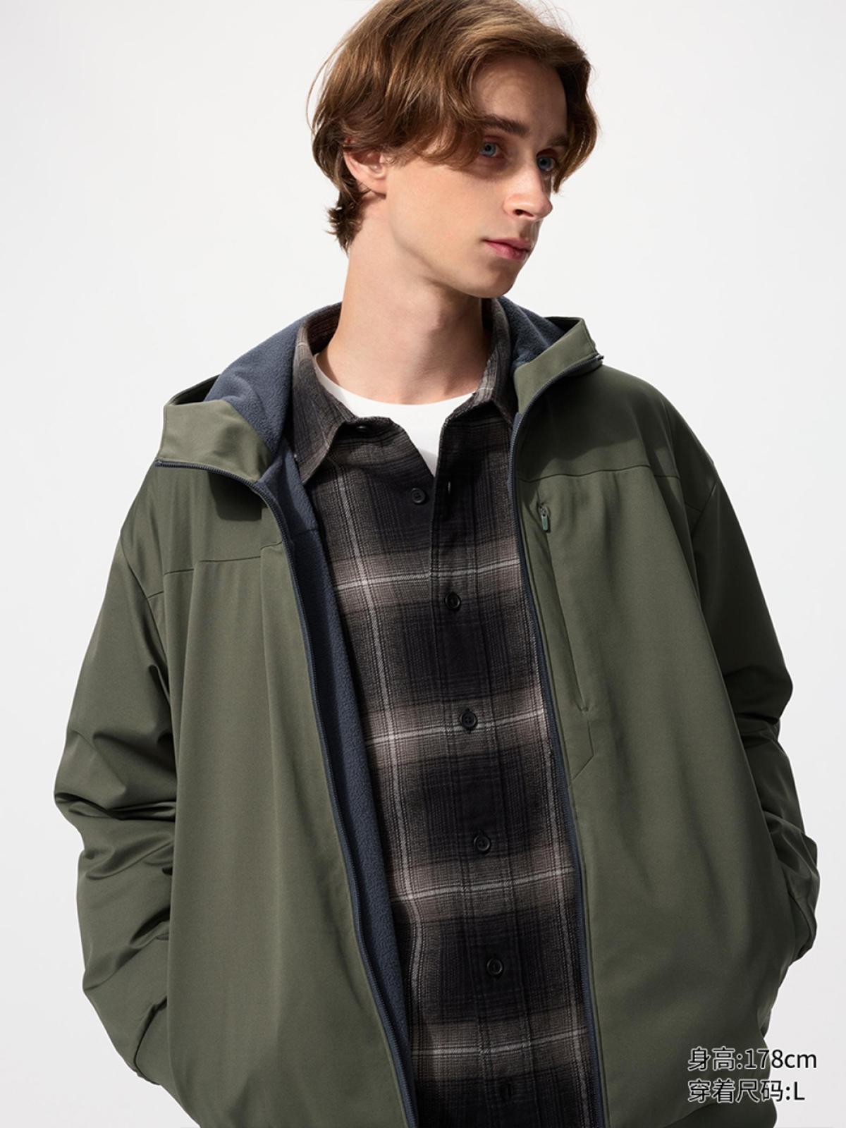 UNIQLO Ветрозащитный флисовый кардиган на молнии с капюшоном, длинный рукав