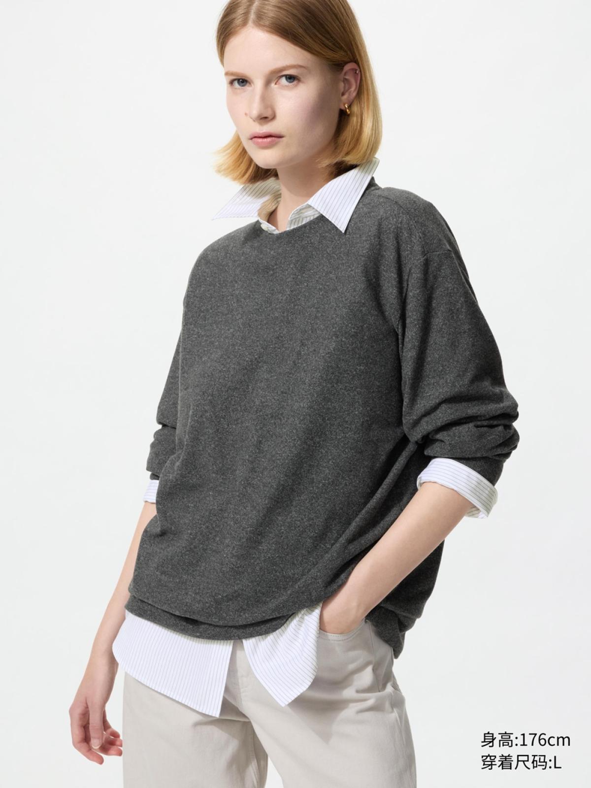 UNIQLO Флисовый пуловер с круглым вырезом, длинный рукав