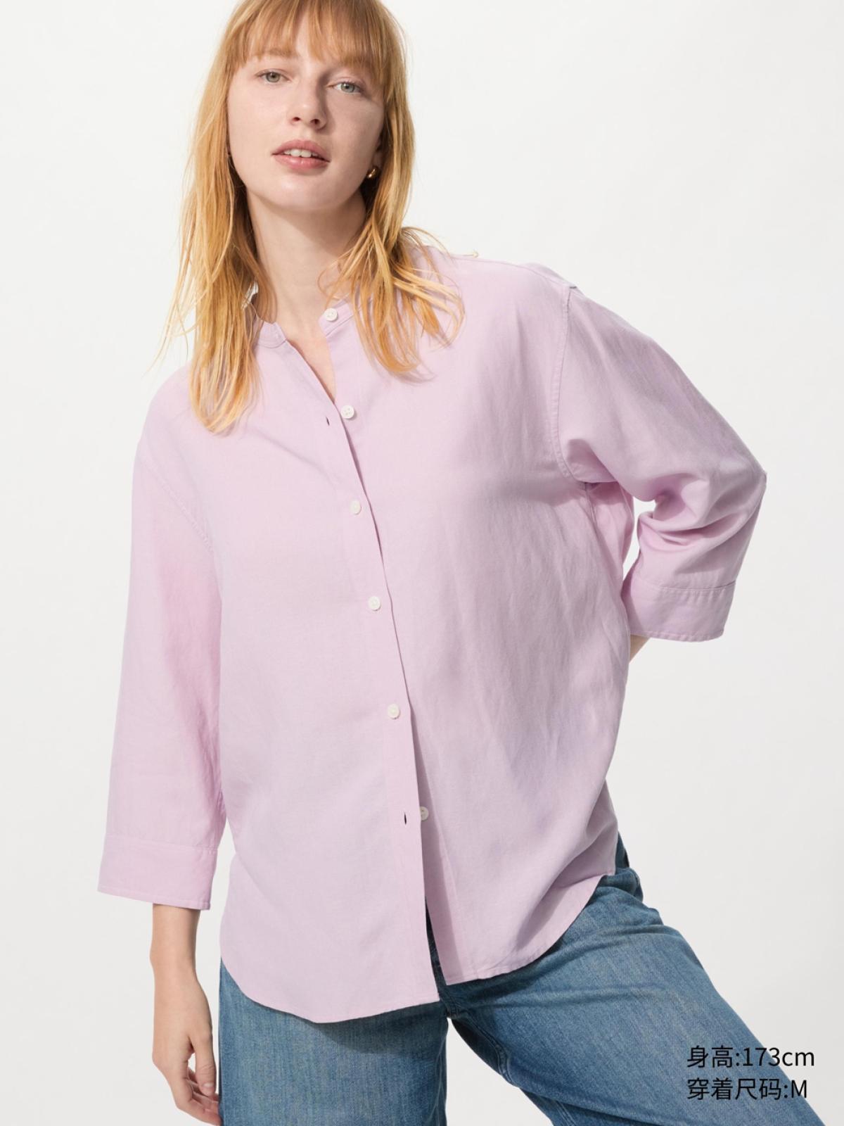 UNIQLO Рубашка из льняной смеси с воротником-стойкой, рукав 3/4