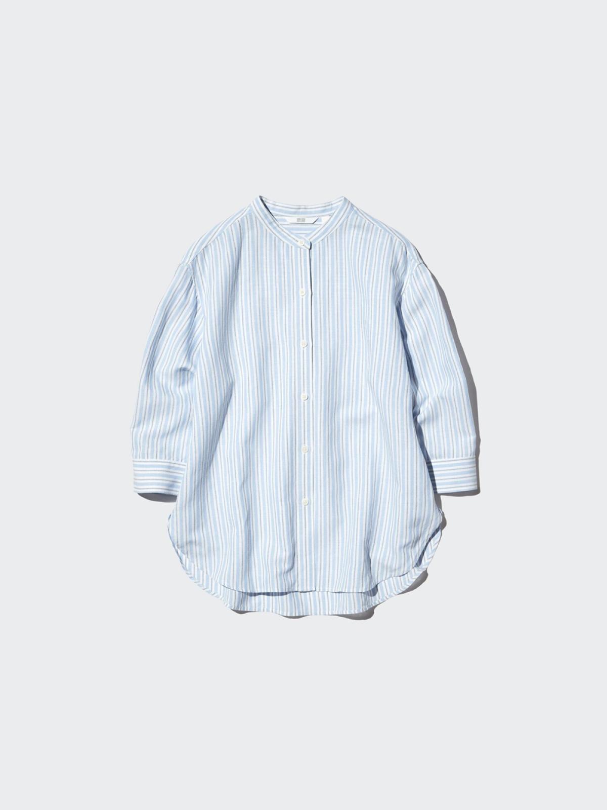 UNIQLO Льняная рубашка в полоску с воротником-стойкой, рукав 3/4