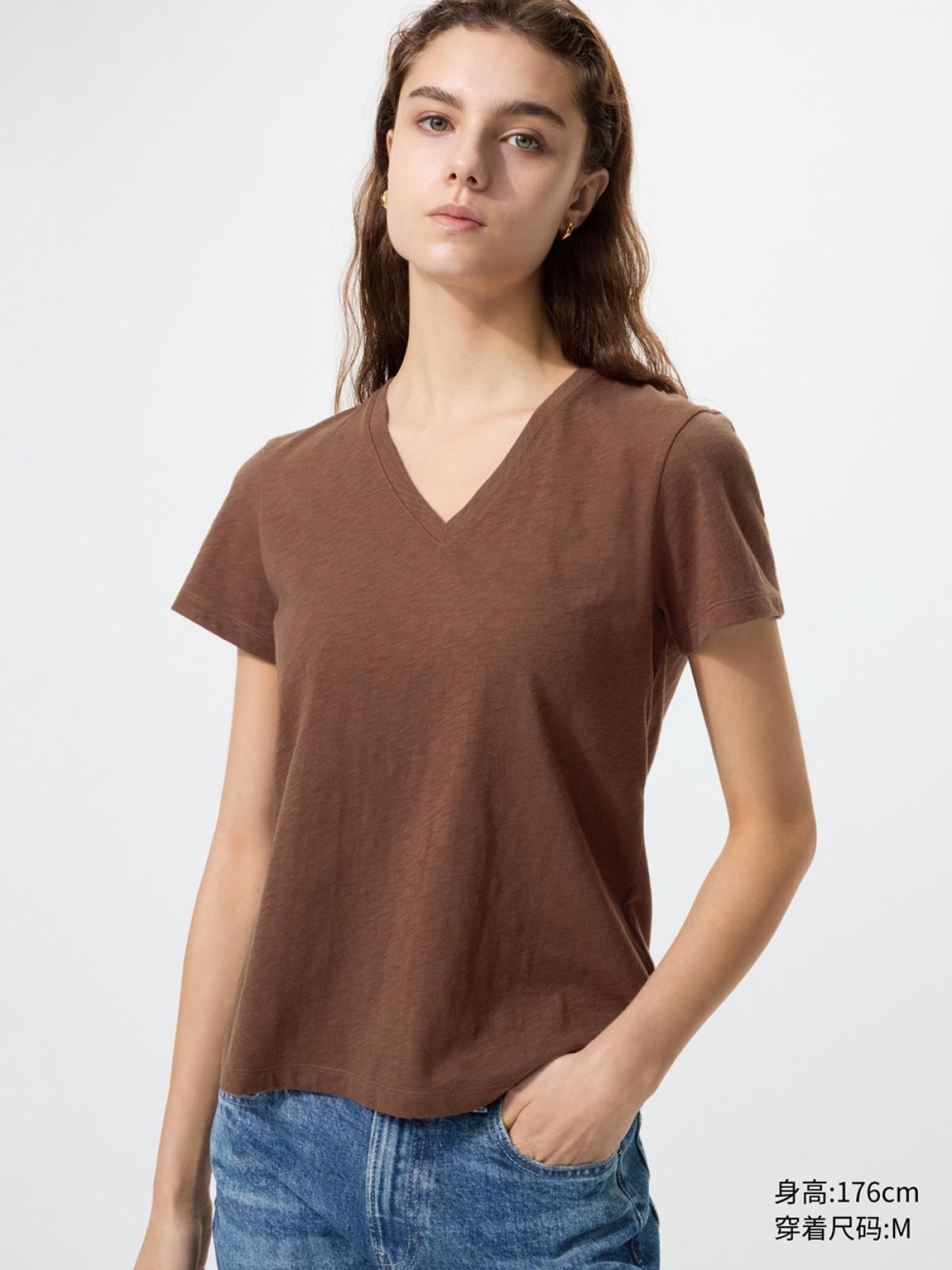 UNIQLO Футболка из слаба с V-образным вырезом, короткий рукав