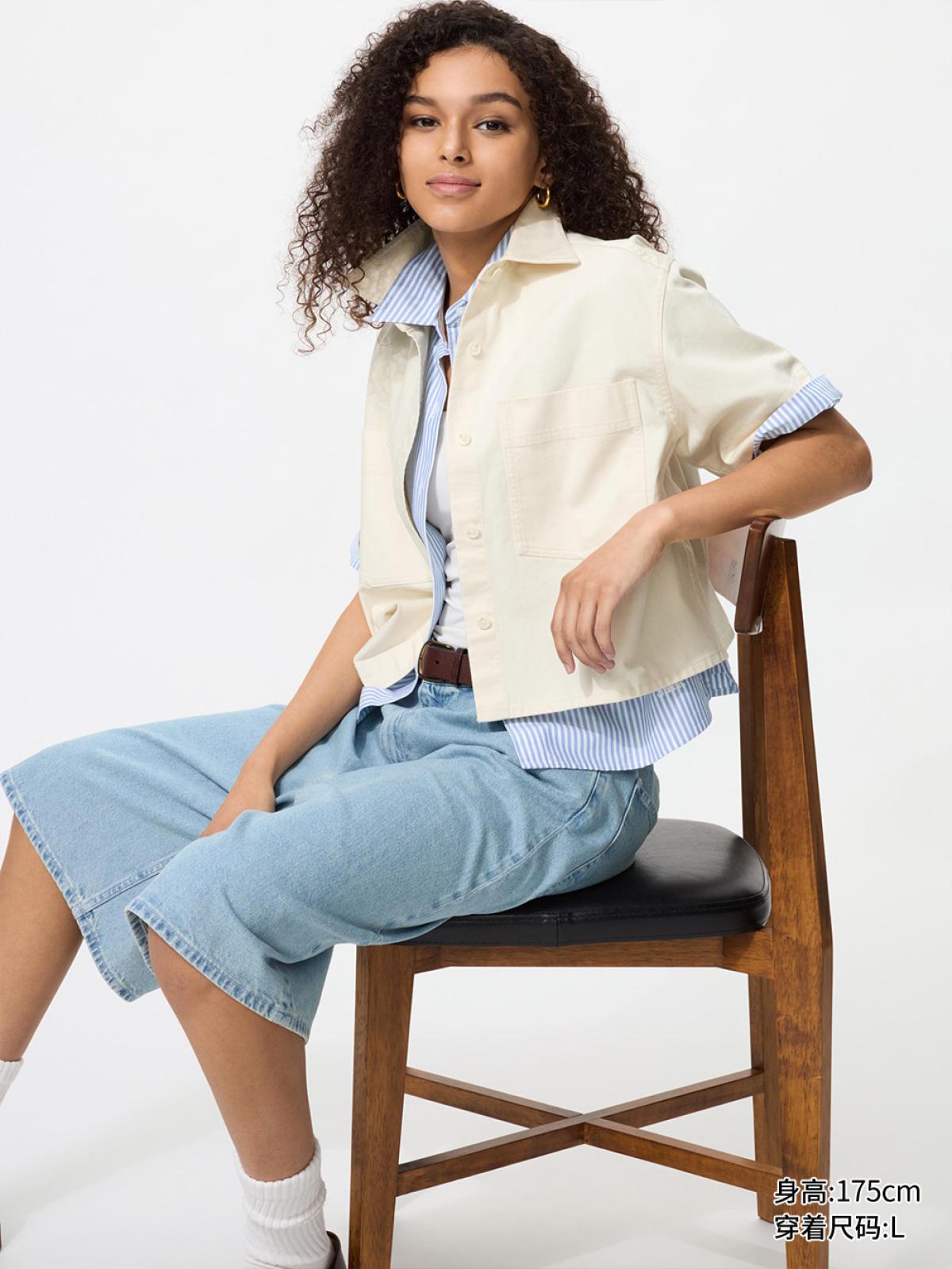 UNIQLO Рубашка бокси джинсовая, короткий рукав, с эффектом стирки