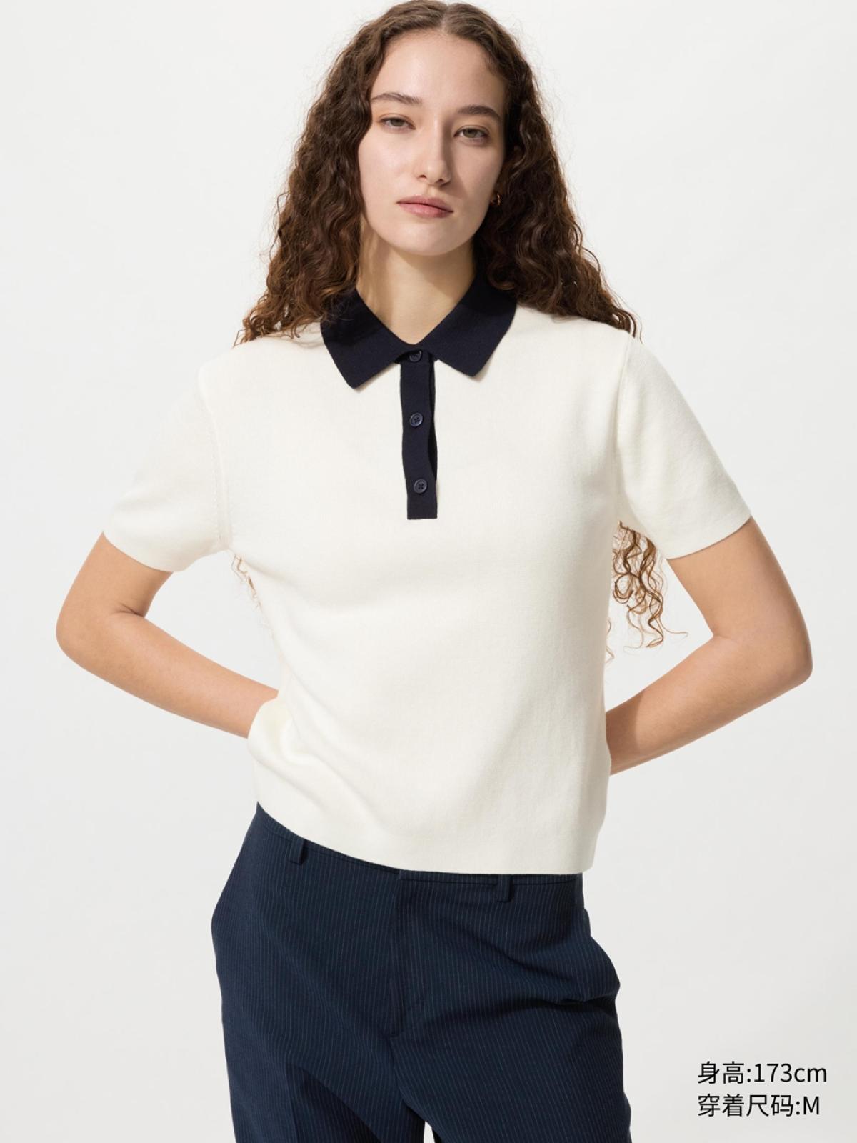 UNIQLO Поло вязаное из хлопка с модалом, контрастное, короткий рукав