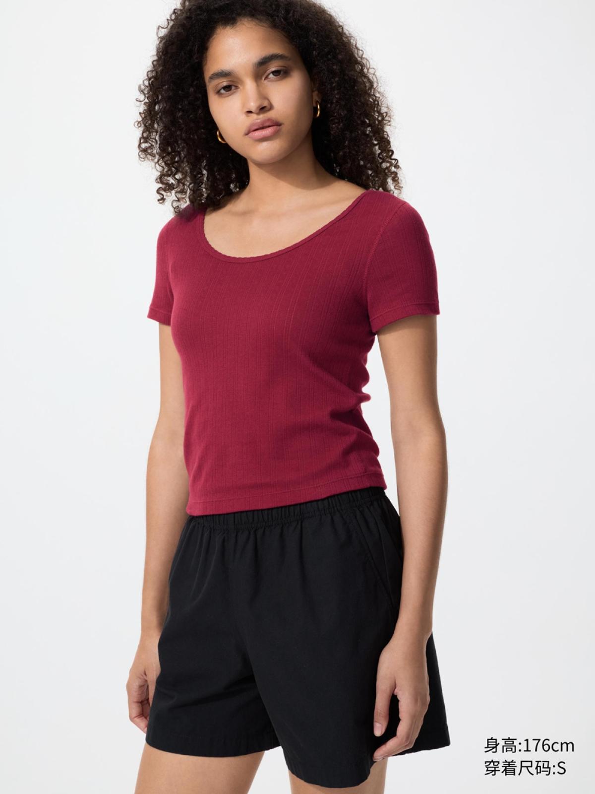 UNIQLO Футболка жаккардовая в рубчик, короткий рукав, тёмно-красный