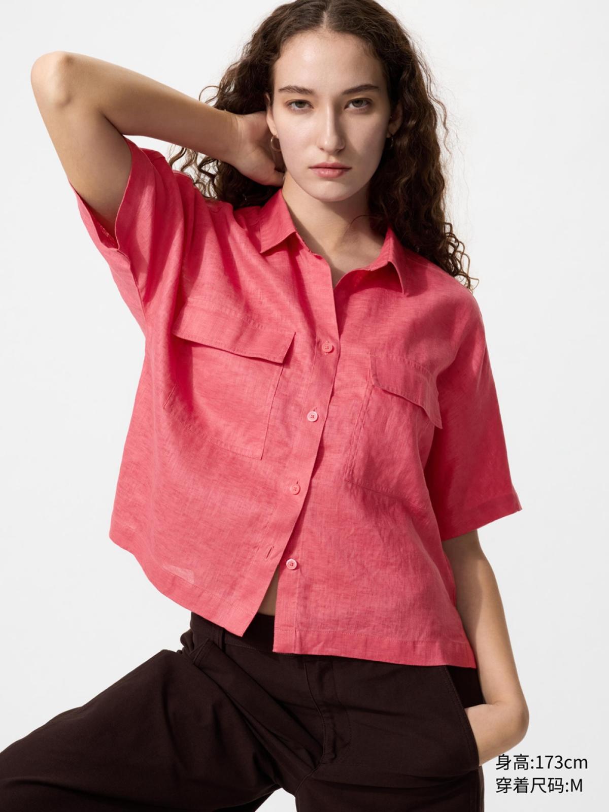 UNIQLO Рубашка бокси из французского льна с полуоткрытым воротником, короткий рукав