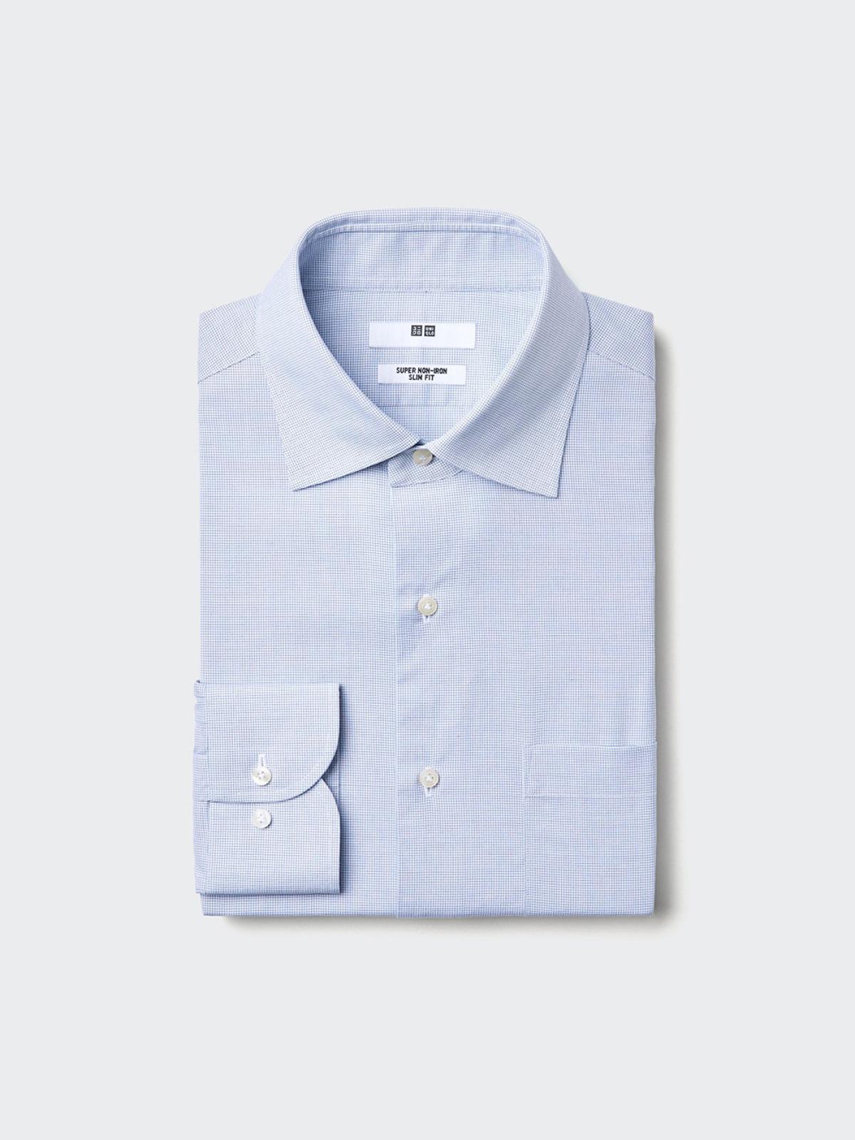 UNIQLO Немнущаяся приталенная рубашка в клетку с длинным рукавом и отложным воротником
