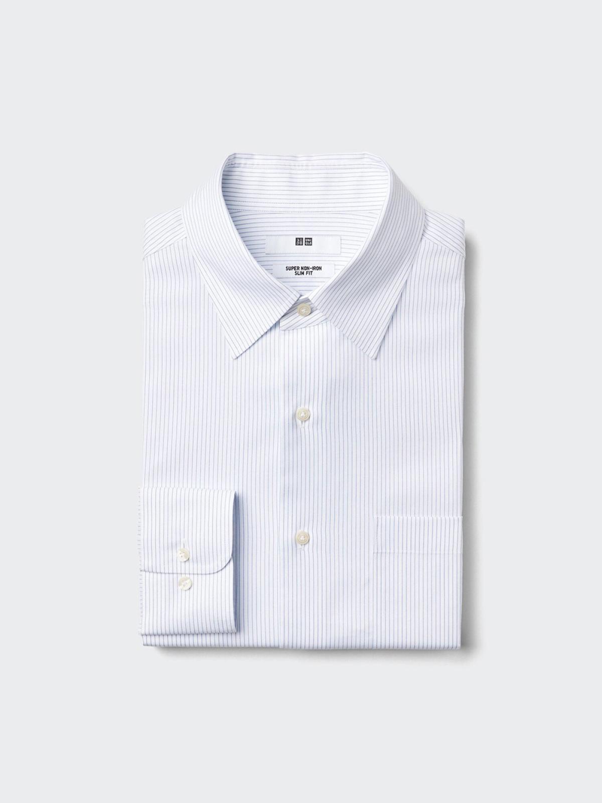 UNIQLO Рубашка в полоску приталенная немнущаяся, длинный рукав, стандартный воротник