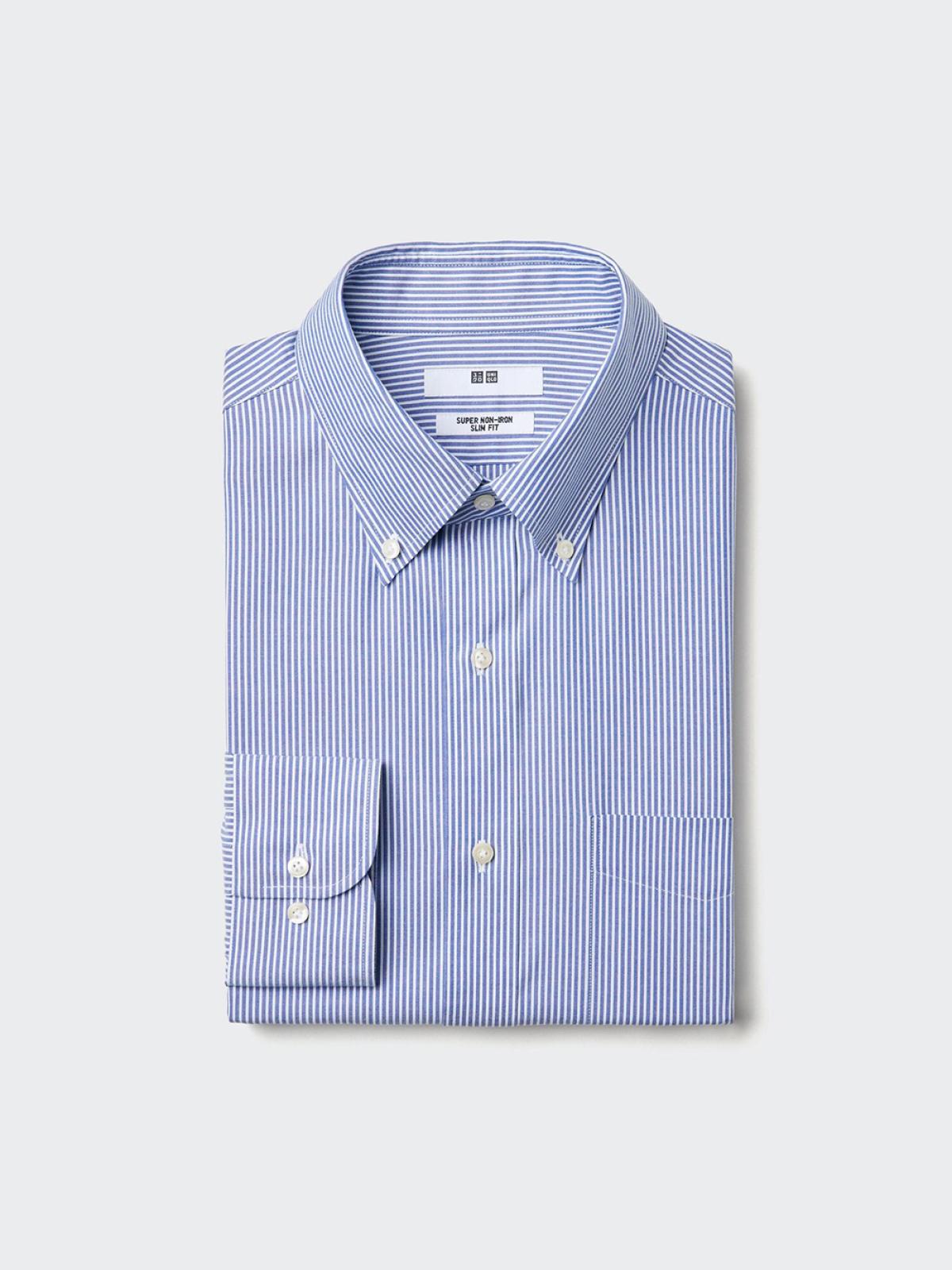 UNIQLO Рубашка в полоску приталенная немнущаяся, длинный рукар, воротник на пуговицах