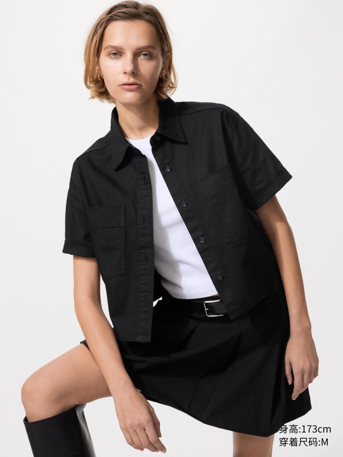 UNIQLO Рубашка бокси джинсовая, короткий рукав, с эффектом стирки