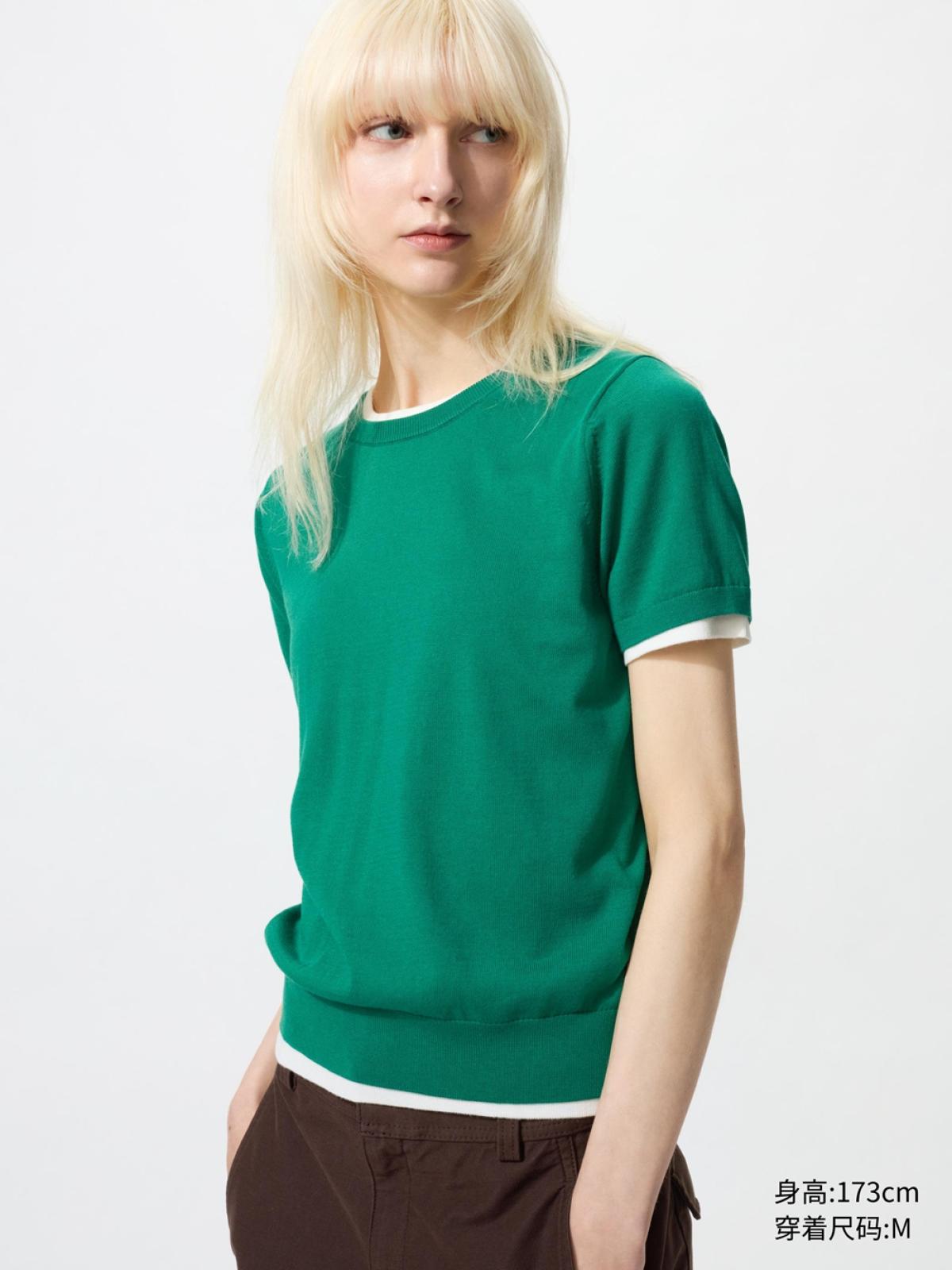 UNIQLO Джемпер из хлопка с модалом с круглым вырезом, короткий рукав