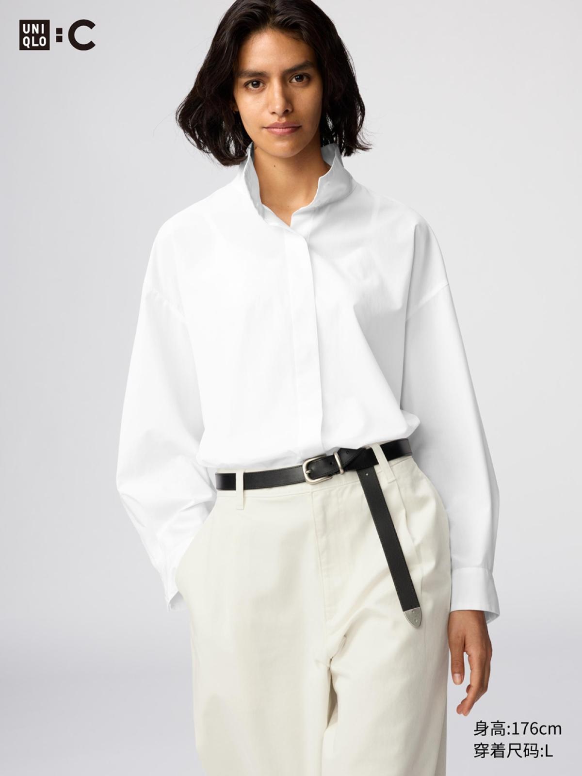 UNIQLO Хлопковая рубашка с воротником-стойкой, длинный рукав