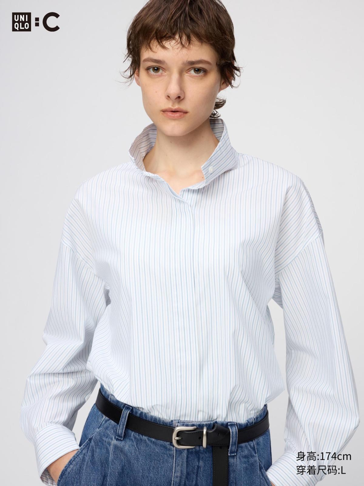 UNIQLO Хлопковая рубашка в полоску со стойкой, длинный рукав