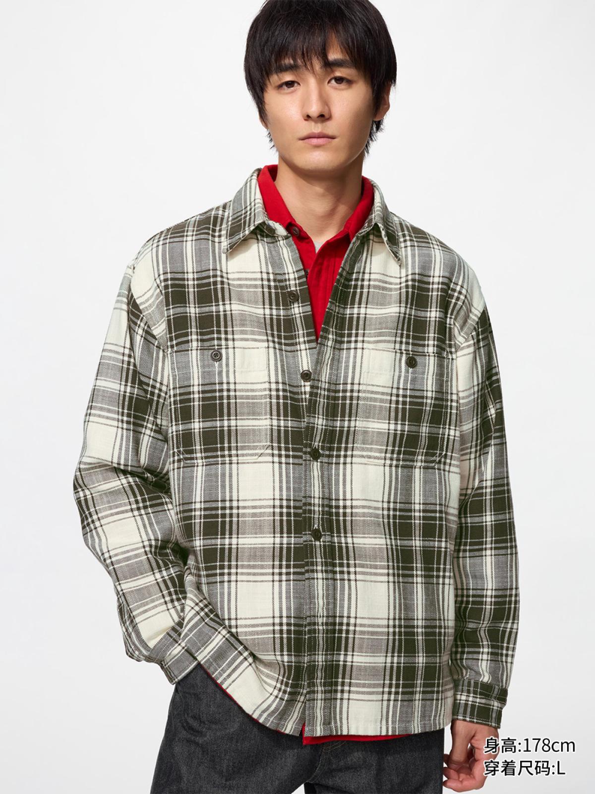 UNIQLO Рубашка из фактурного хлопка в клетку, длинный рукав