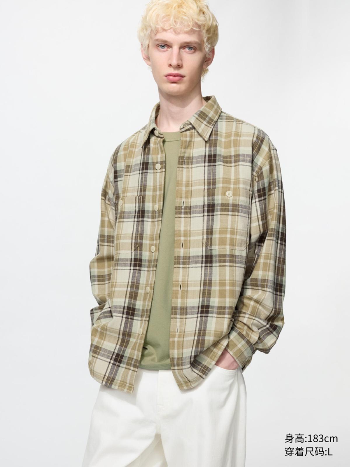 UNIQLO Рубашка из фактурного хлопка в клетку, длинный рукав