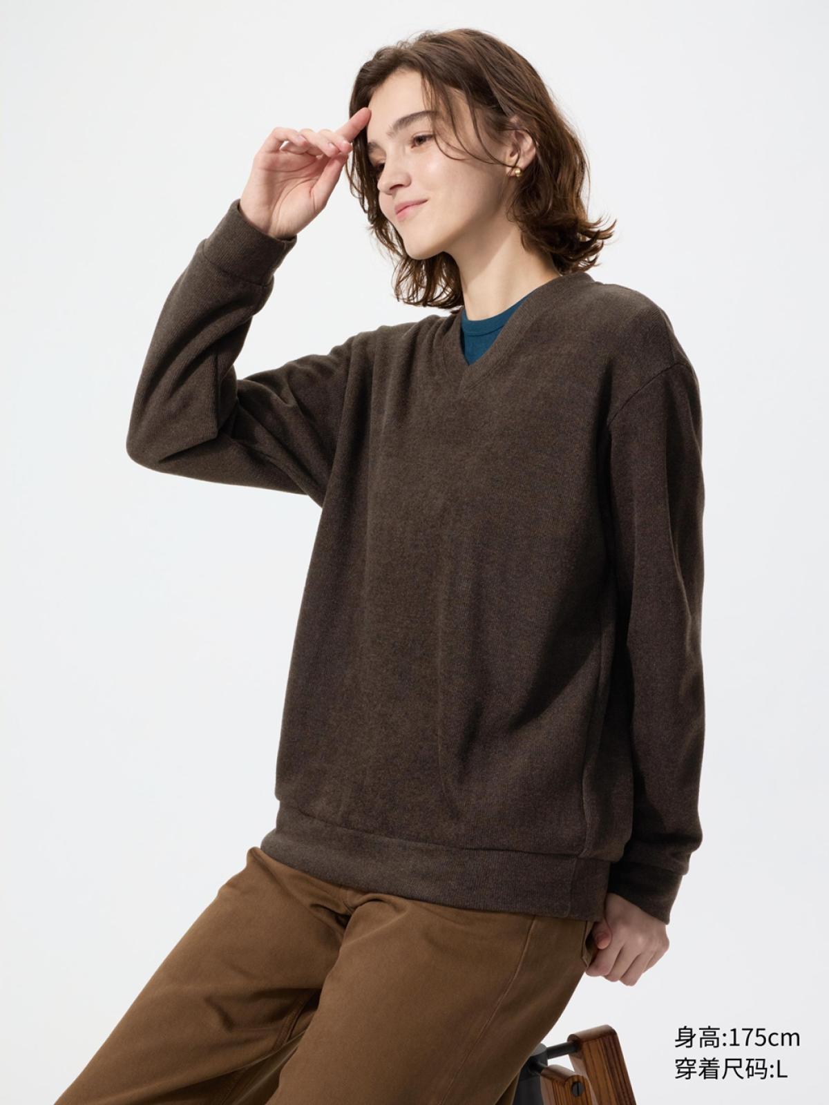 UNIQLO Флисовый пуловер с V-образным вырезом в рубчик, длинный рукав
