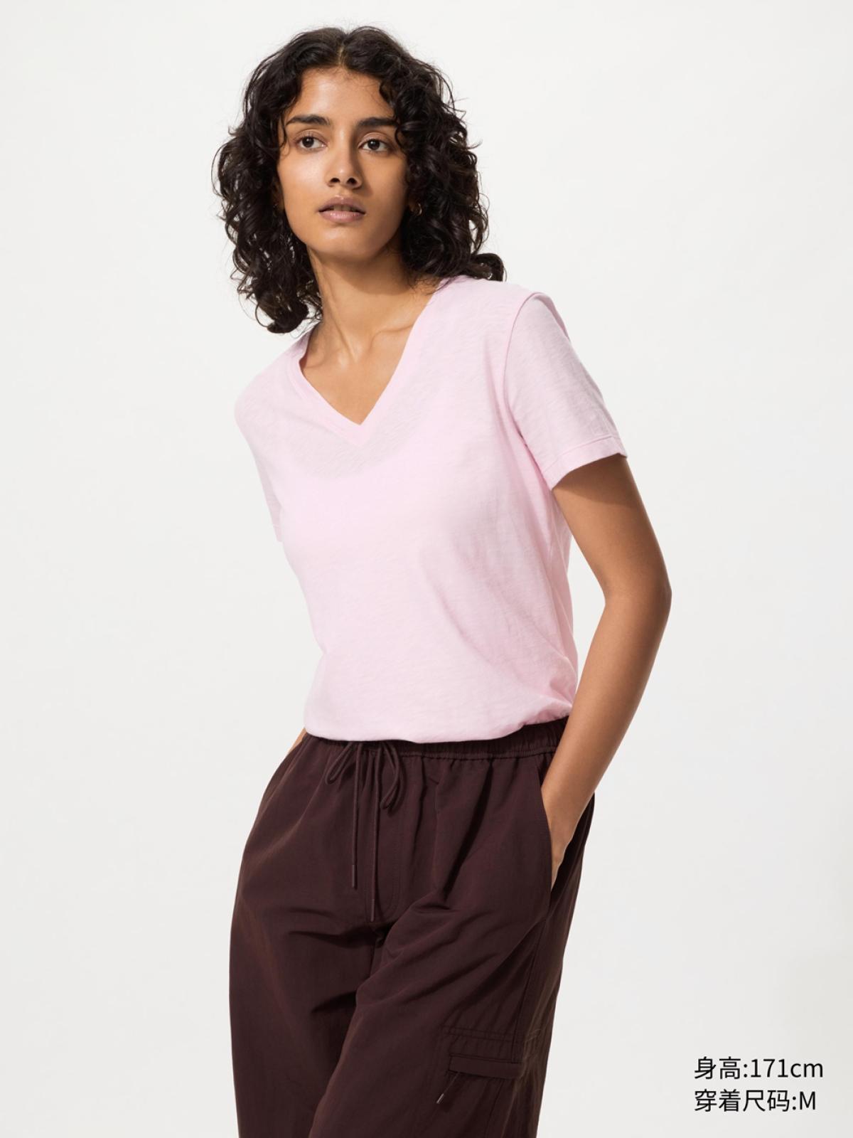 UNIQLO Футболка из слаба с V-образным вырезом, короткий рукав