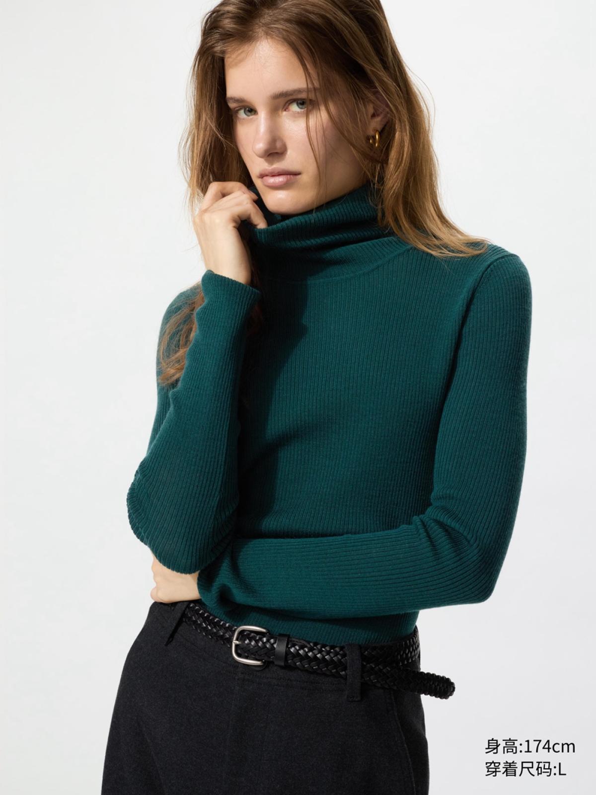 UNIQLO Джемпер из тонкой шерсти мериноса с отложным воротником в рубчик