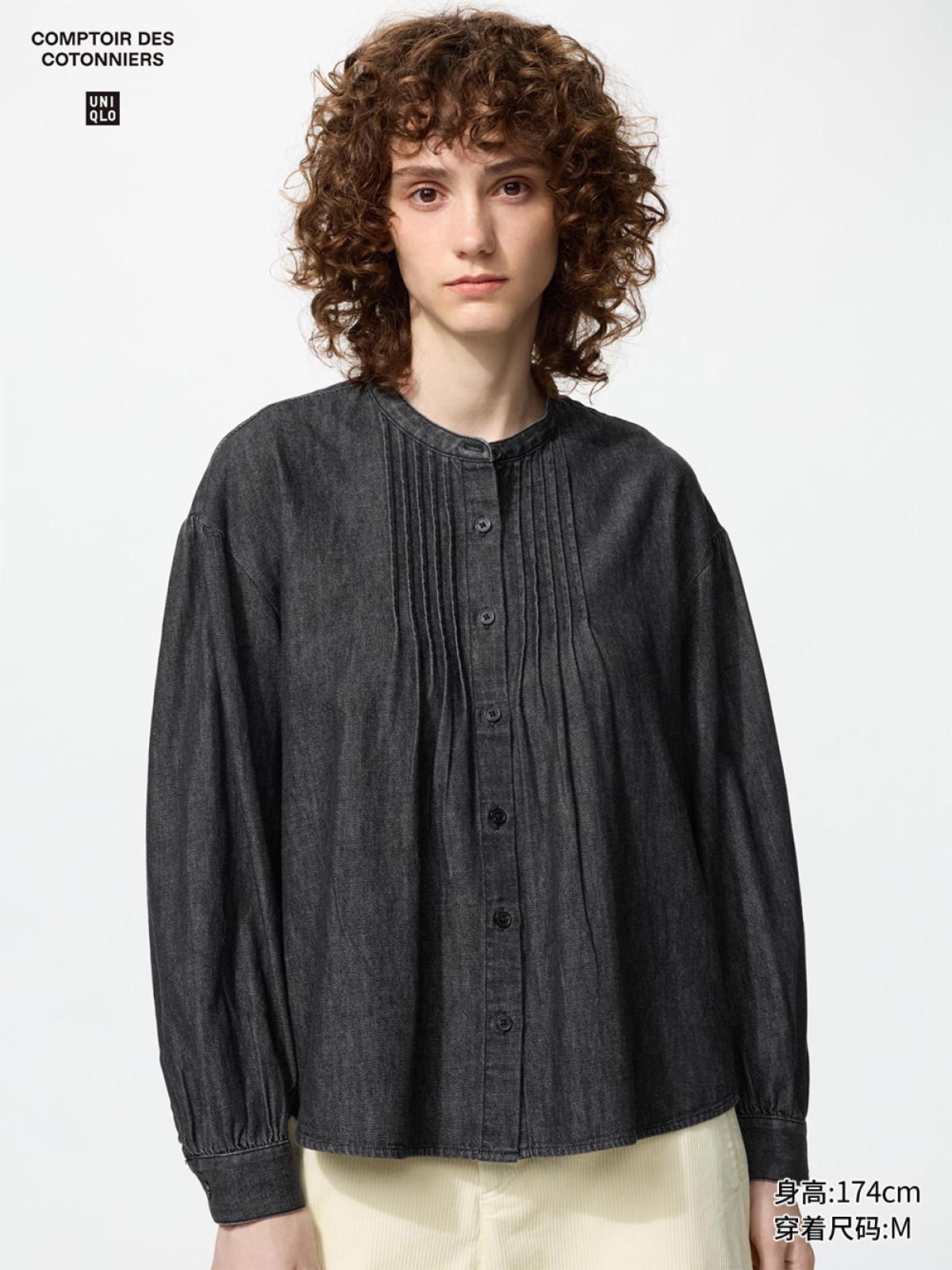 UNIQLO Джинсовая рубашка с длинным рукавом, с эффектом стирки