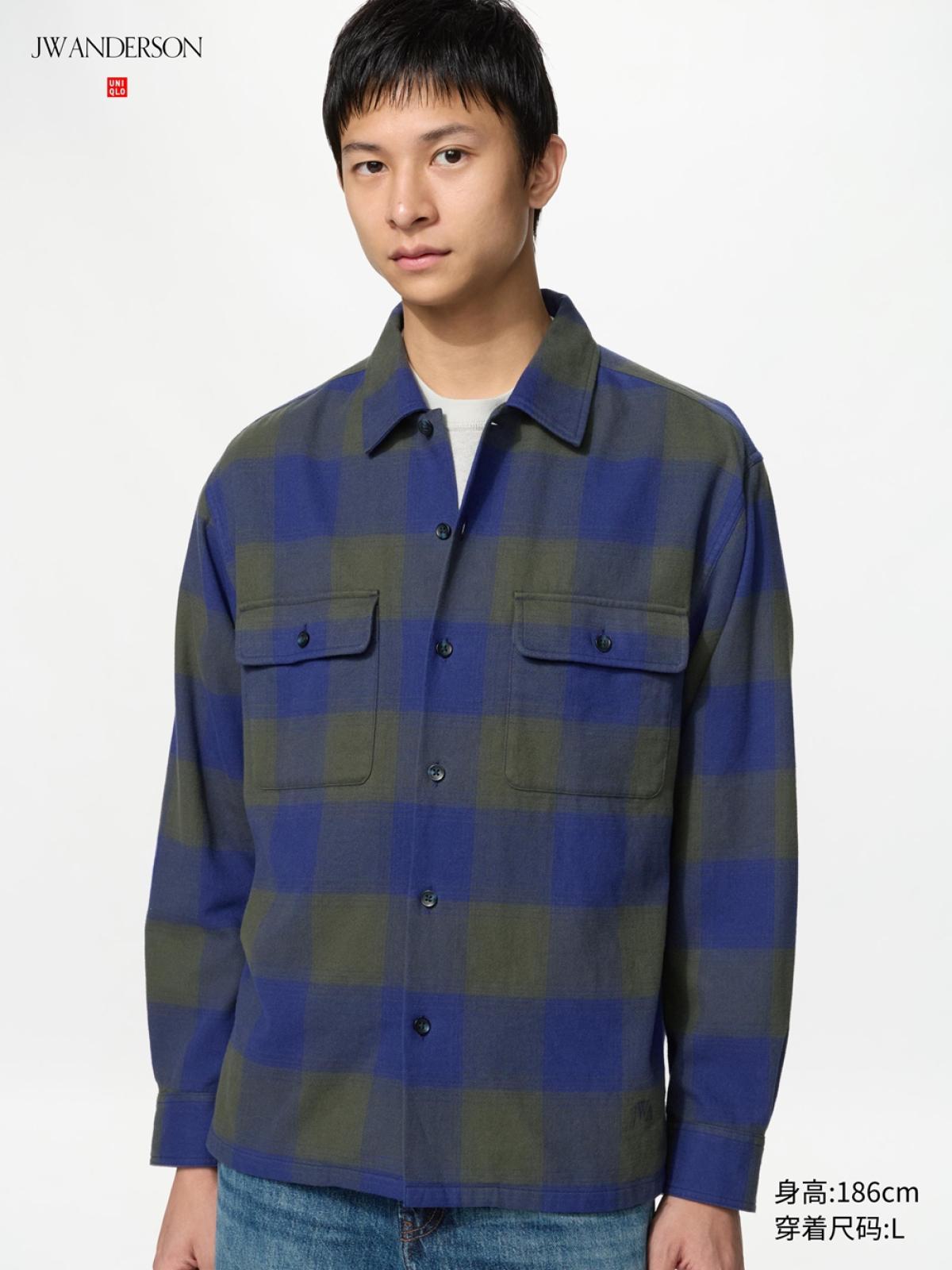 UNIQLO Фланелевая рубашка в клетку с двумя карманами, длинный рукав
