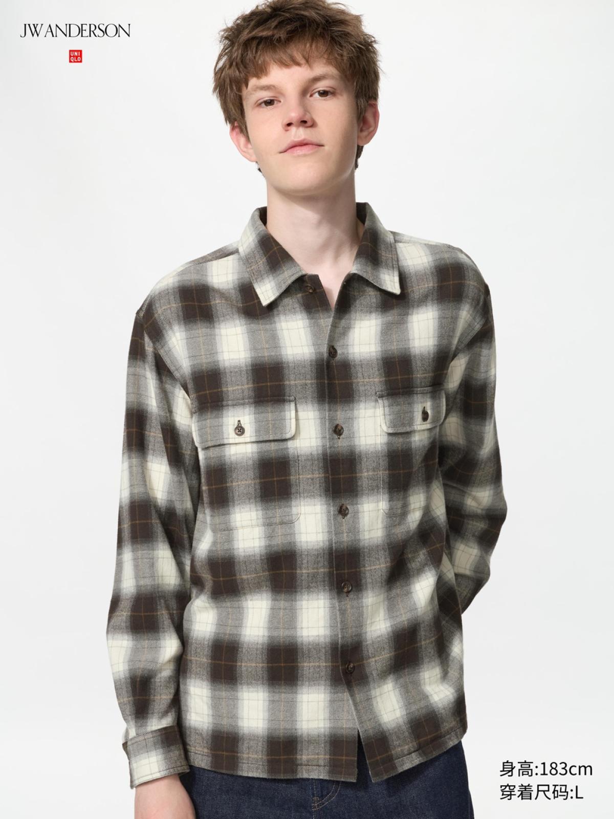 UNIQLO Фланелевая рубашка в клетку с двумя карманами, длинный рукав