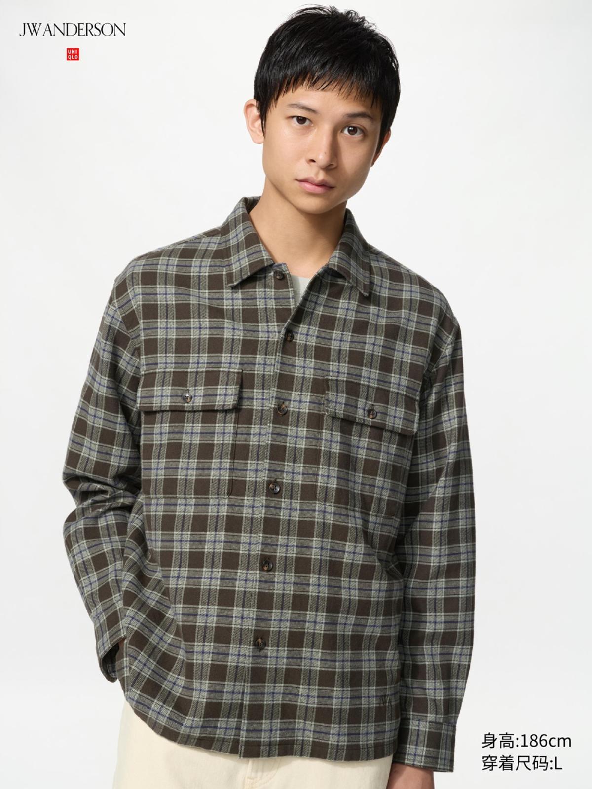 UNIQLO Фланелевая рубашка в клетку с двумя карманами, длинный рукав