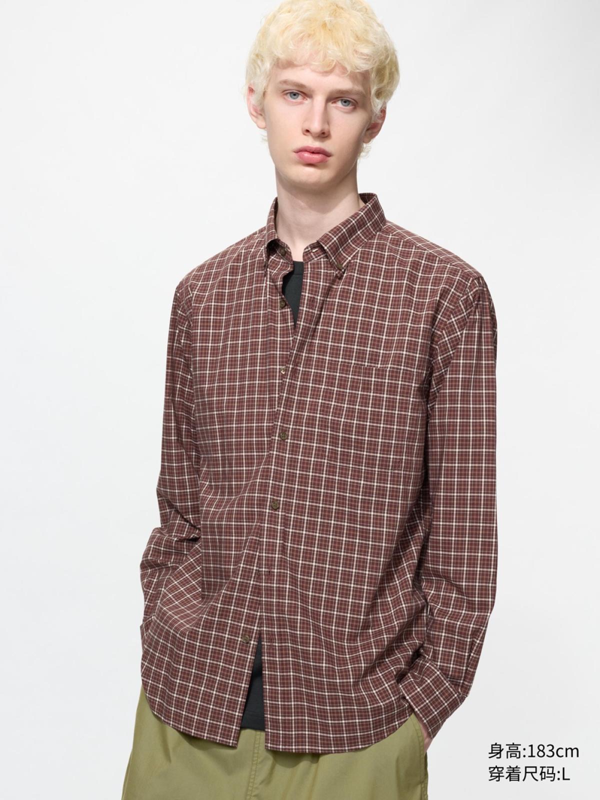 UNIQLO Рубашка в клетку из длинноволокнистого хлопка, длинный рукав
