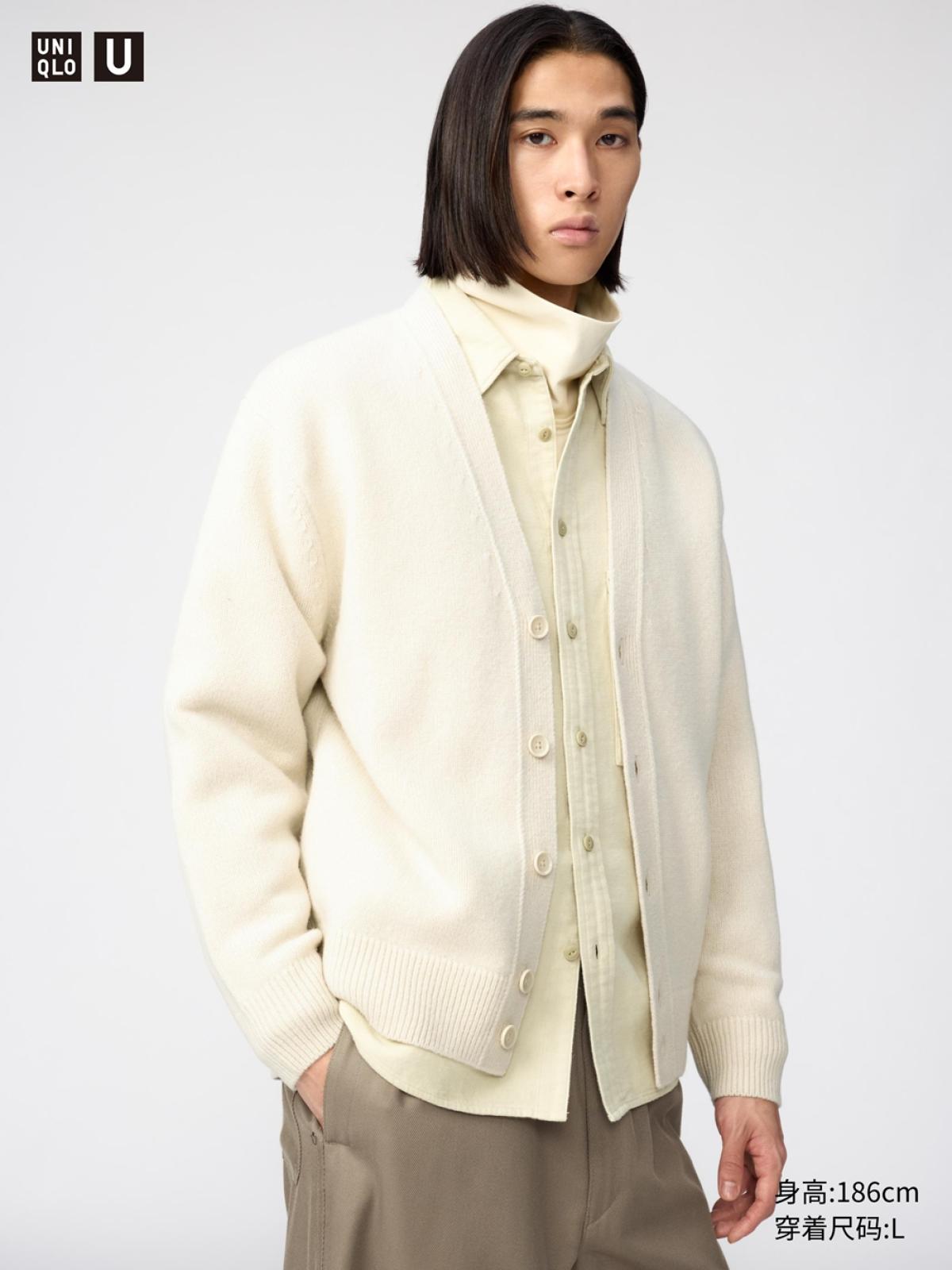 UNIQLO Кардиган из овечьей шерсти с V-образным вырезом, длинный рукав