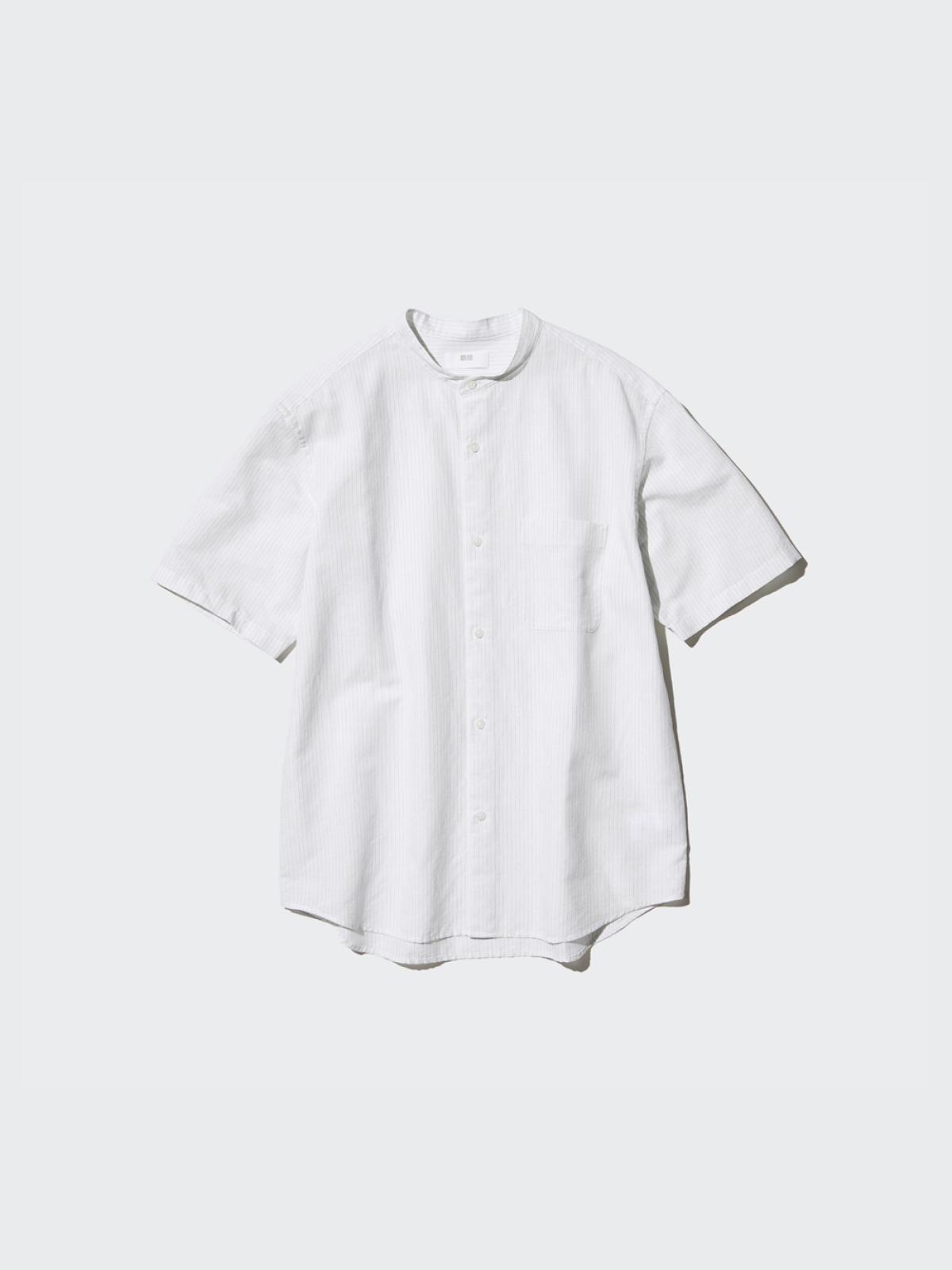 UNIQLO Рубашка из хлопка и льна в полоску с воротником-стойкой, короткий рукав
