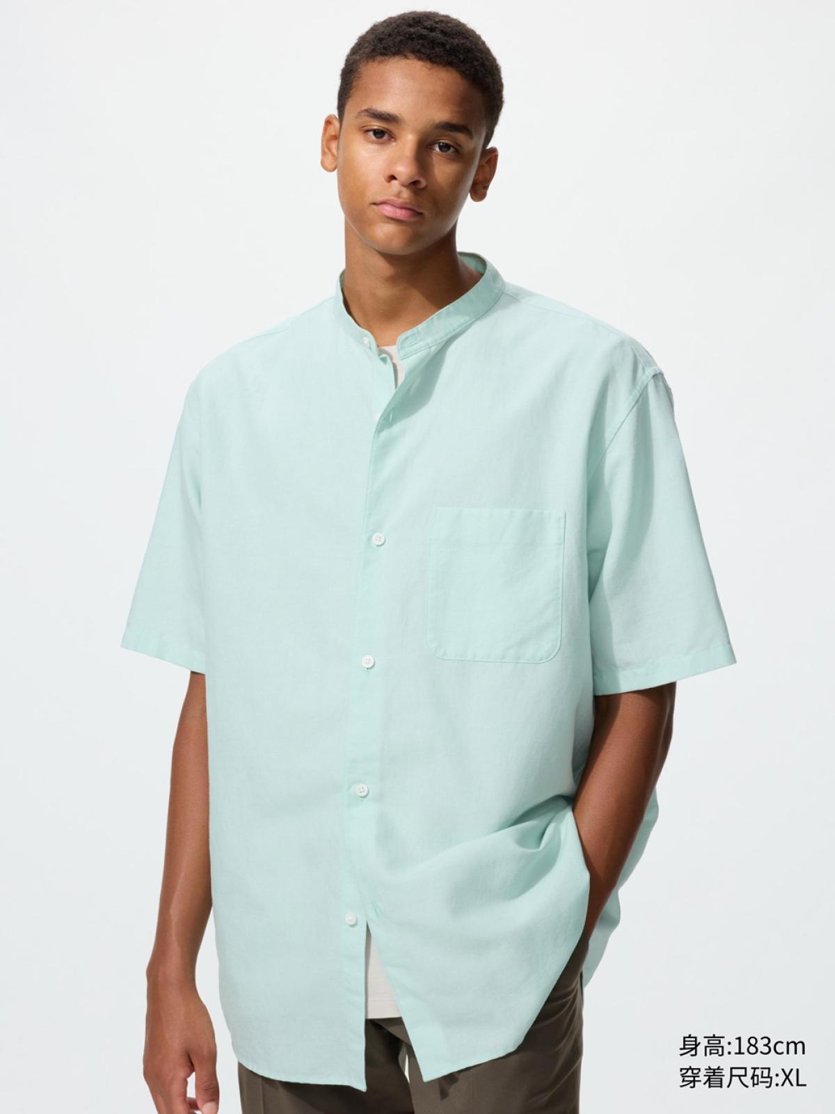UNIQLO Рубашка из хлопка и льна, воротник-стойка, короткий рукав