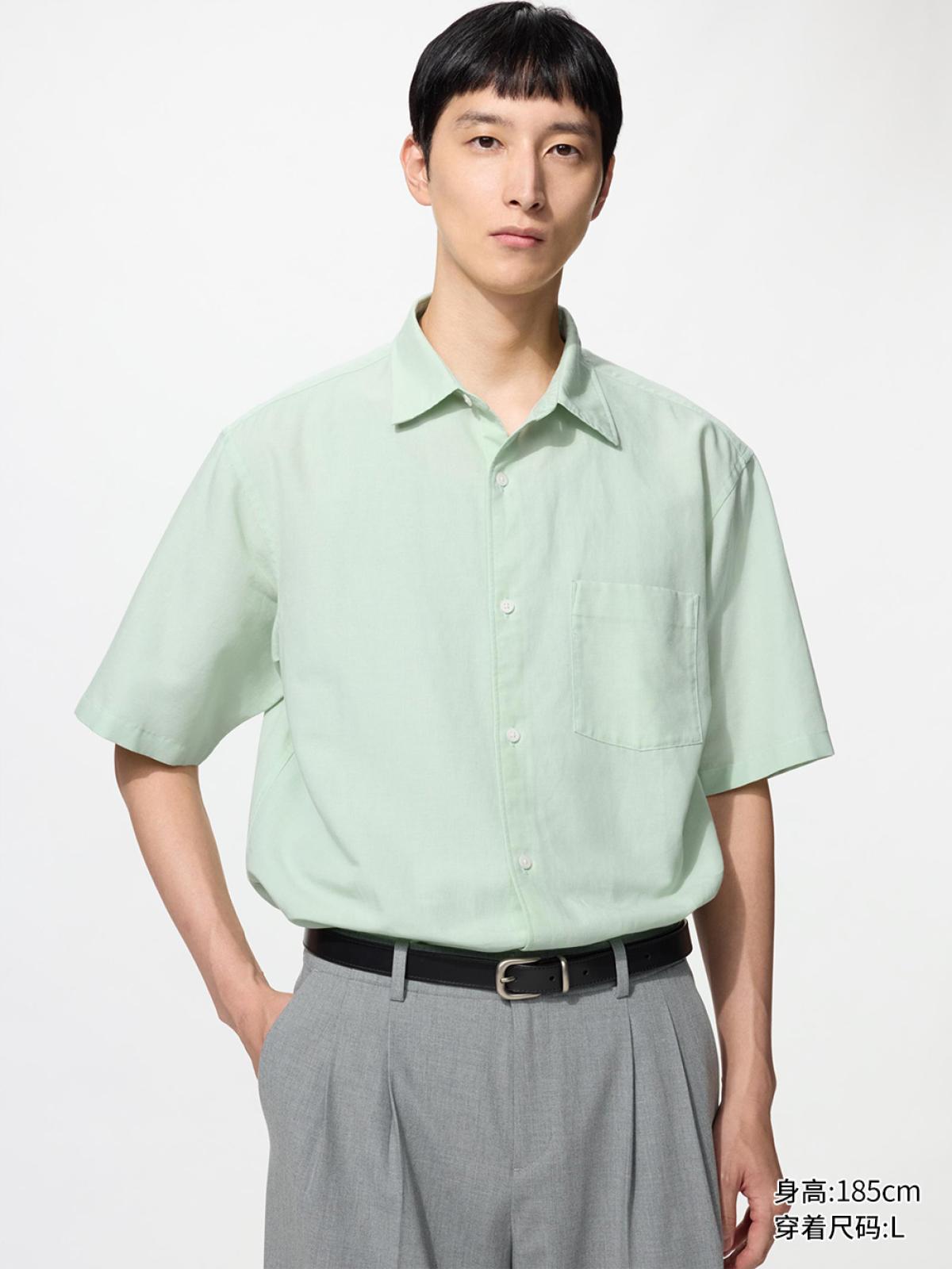 UNIQLO Рубашка из хлопка и льна, короткий рукав