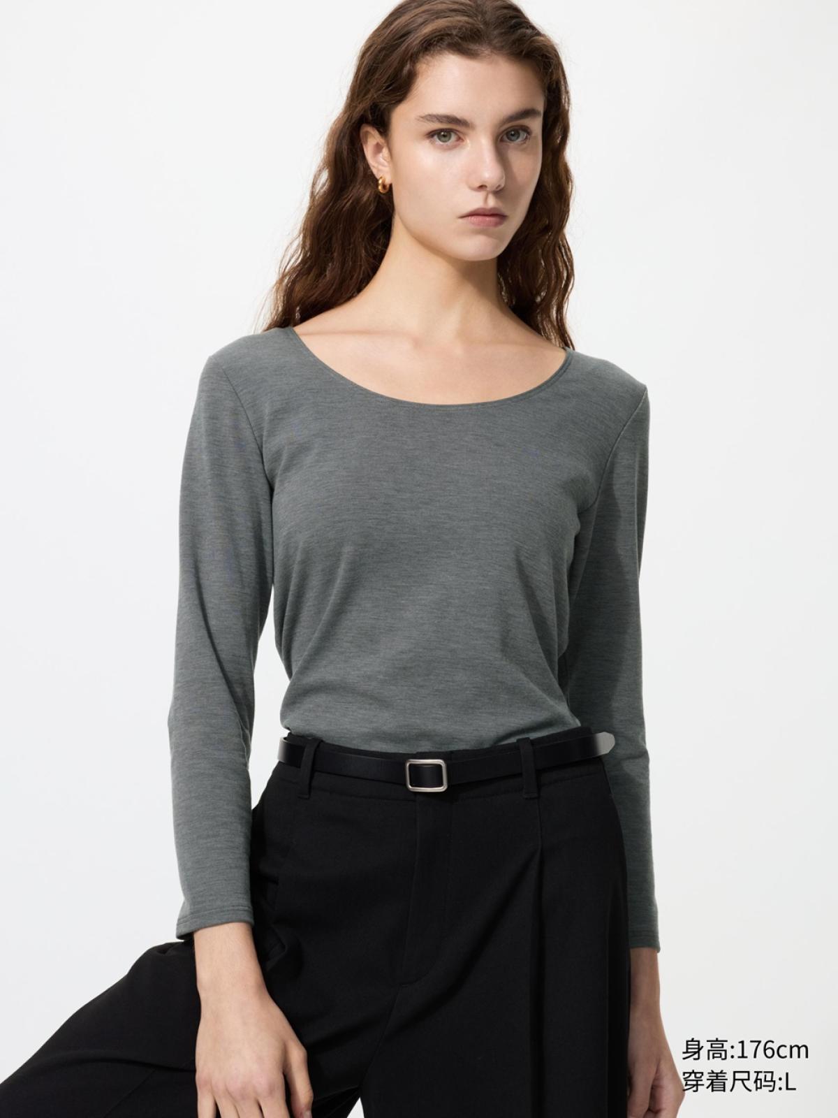 UNIQLO HEATTECH хлопковая футболка с U-образным вырезом, рукав 3/4