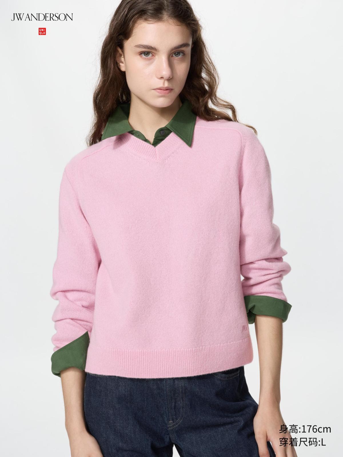 UNIQLO Джемпер из смеси шерсти и кашемира, V-образный вырез, короткий рукав