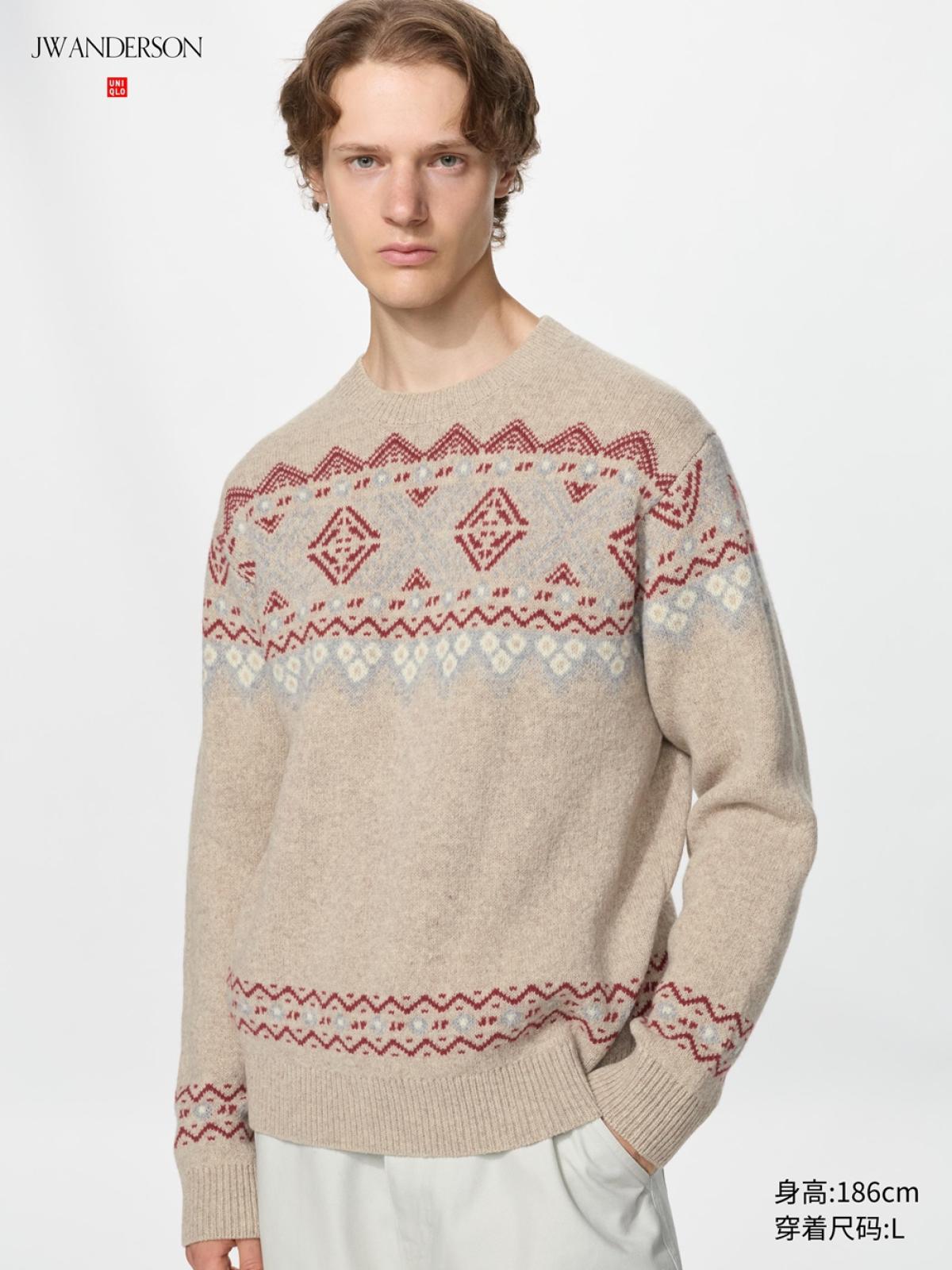 UNIQLO Джемпер из мягкой овечьей шерсти, круглый вырез, узор «ферро-айл», длинный рукав